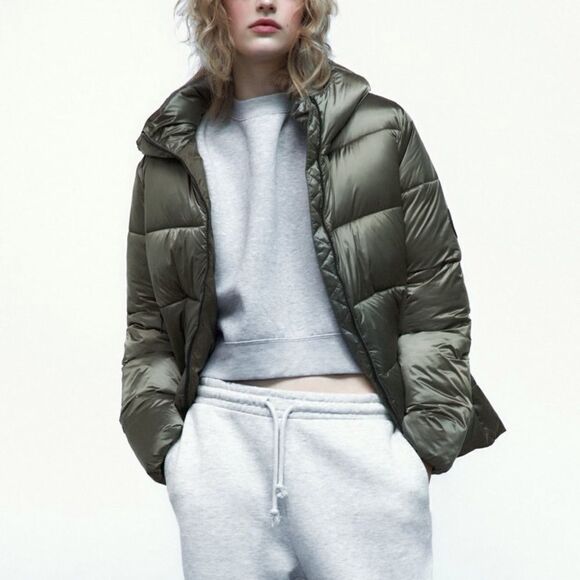 Zara Hooded Pocketed Lightweight Puffer Jacket Taupe Grey Large NWT - Picture 1 of 7